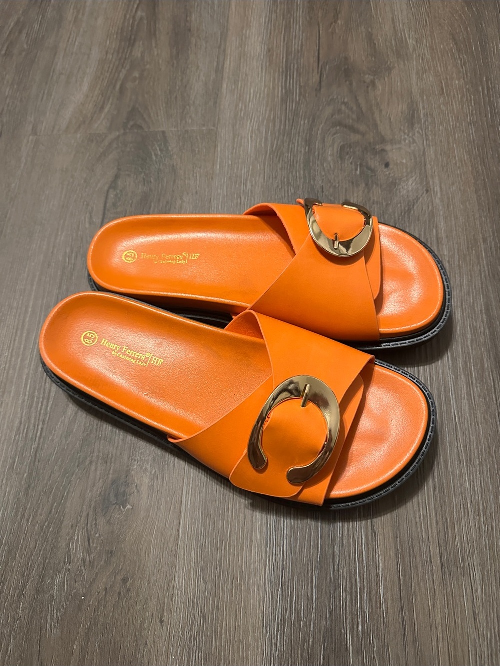 Henry Ferrera Bright Orange Leather Slide Sandals with Gold Buckle 8.5